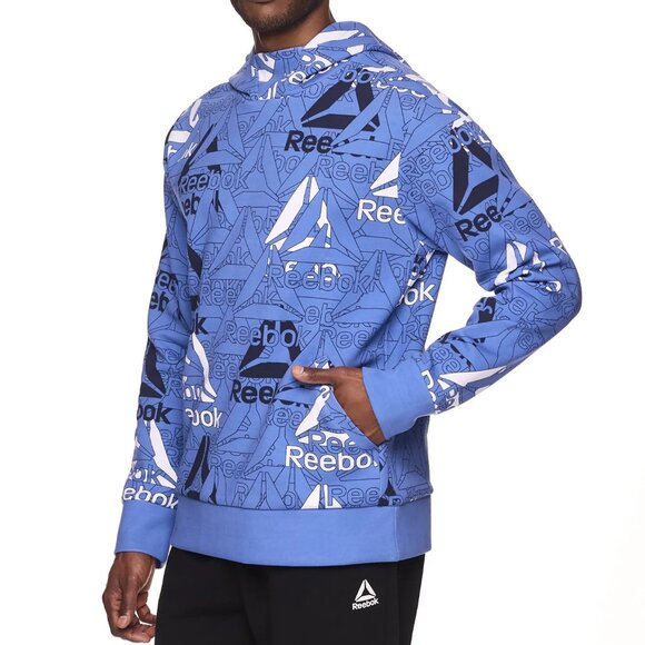 Men's Pullover Hoodie Breathable All Over Reebok Logo with Pockets Blue Size 2XL - Picture 4 of 8